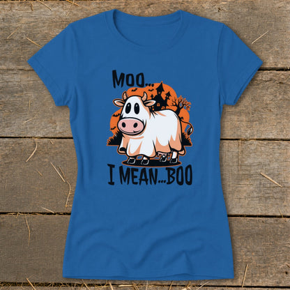Blue t-shirt with a cow dressed as a ghost saying "Moo... I mean... BOO".