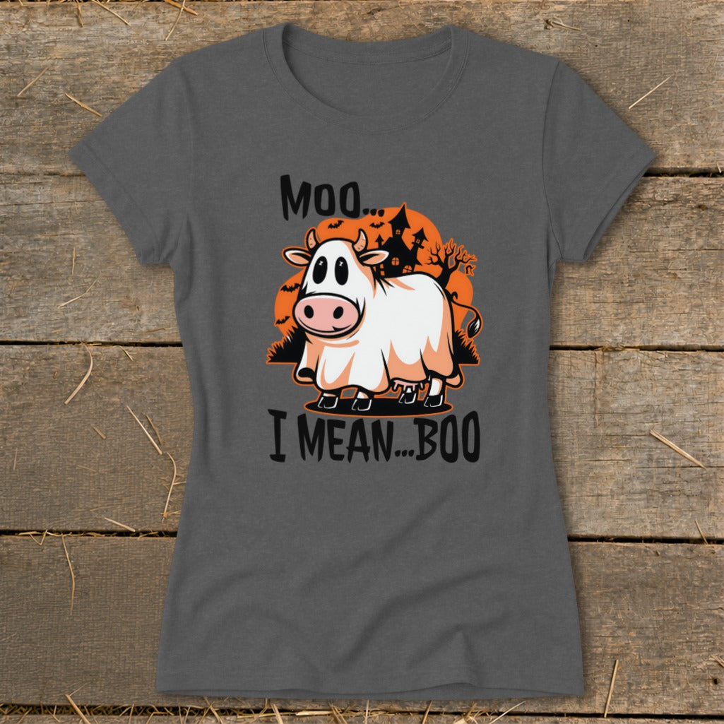 Cow in a ghost costume with text "Moo... I Mean... Boo."