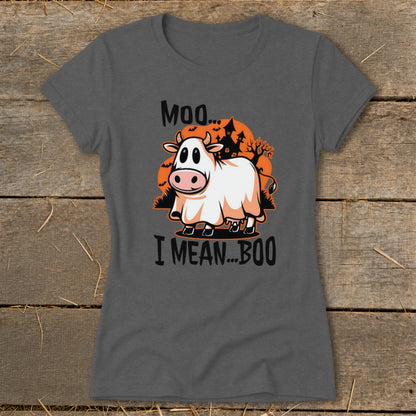 Cow in a ghost costume with text "Moo... I Mean... Boo."