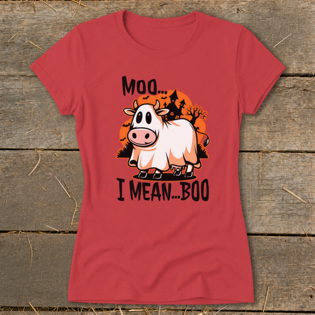 Red t-shirt with cow in ghost costume and text "Moo... I Mean... Boo".