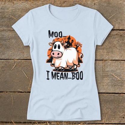Light blue t-shirt with cow in ghost costume and text "Moo... I Mean... Boo".