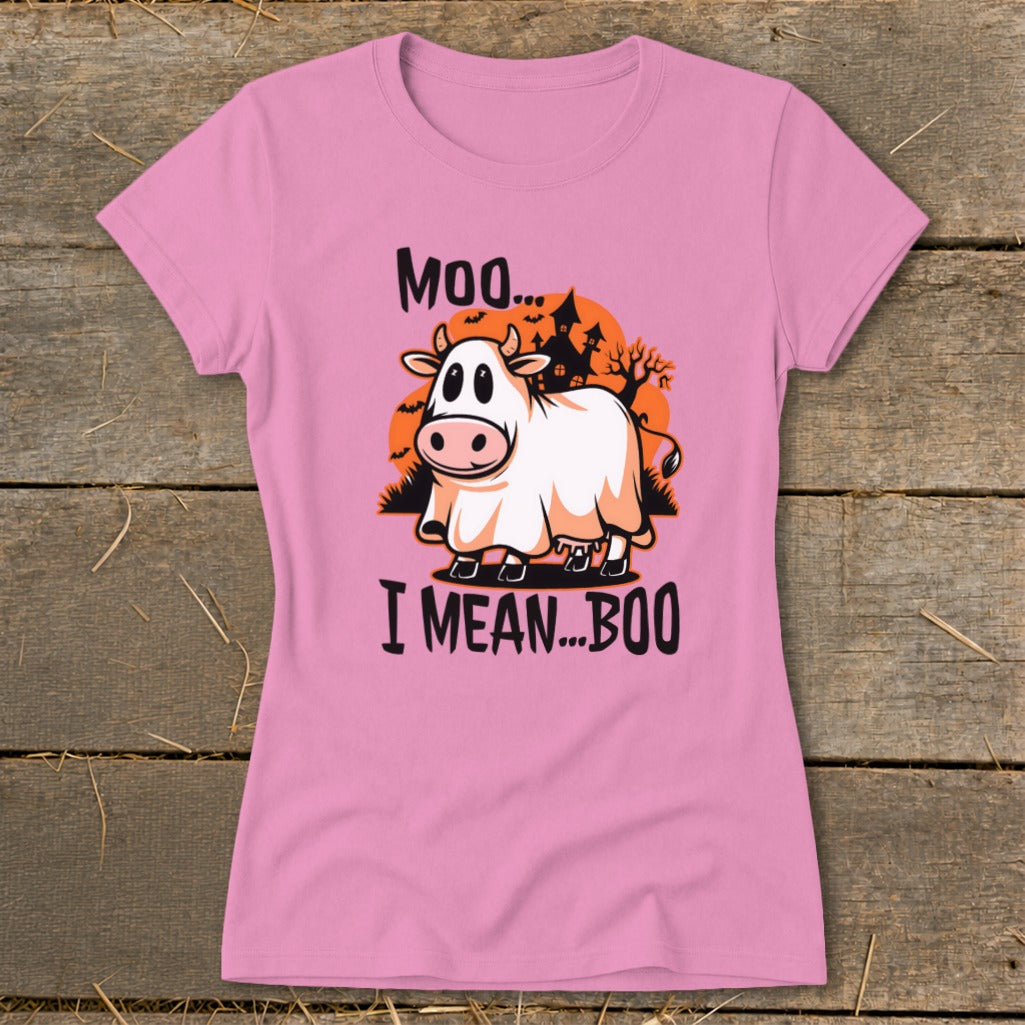 Pink t-shirt with a cow dressed as a ghost saying "Moo... I mean... Boo".