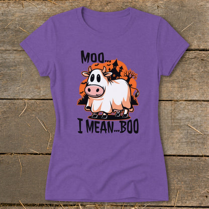 Purple t-shirt with a cow ghost design and text "Moo... I MEAN...BOO".