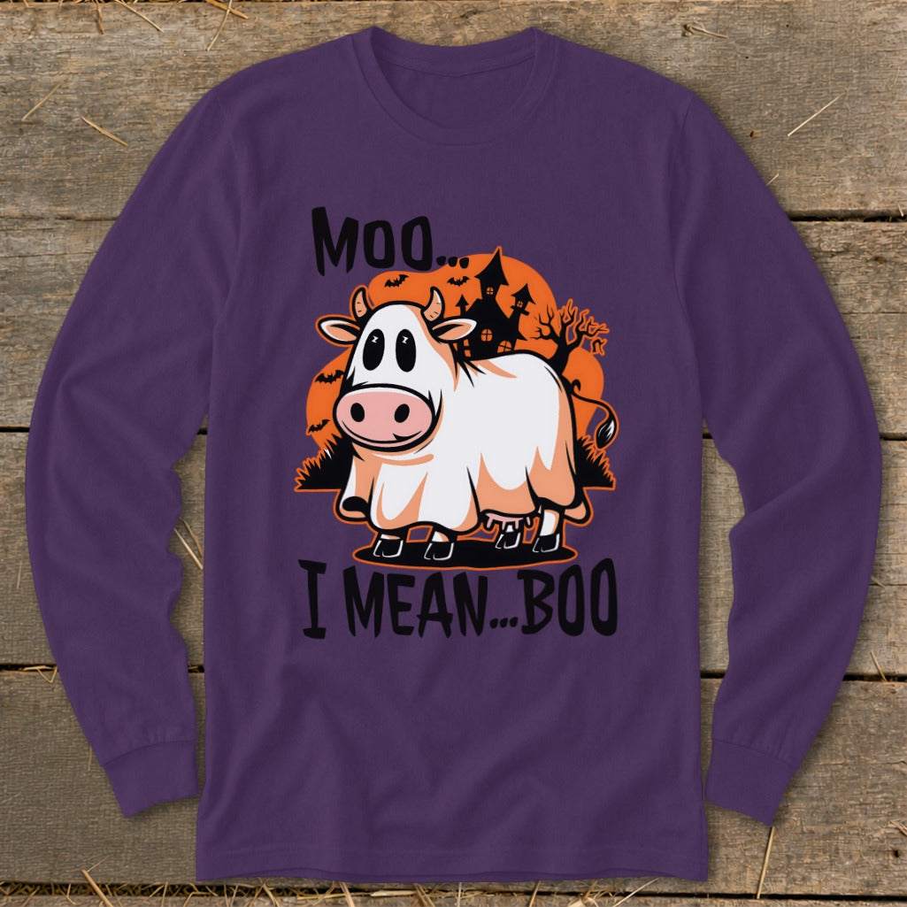 Purple long-sleeve shirt with a cow dressed as a ghost saying "Moo... I Mean... Boo".