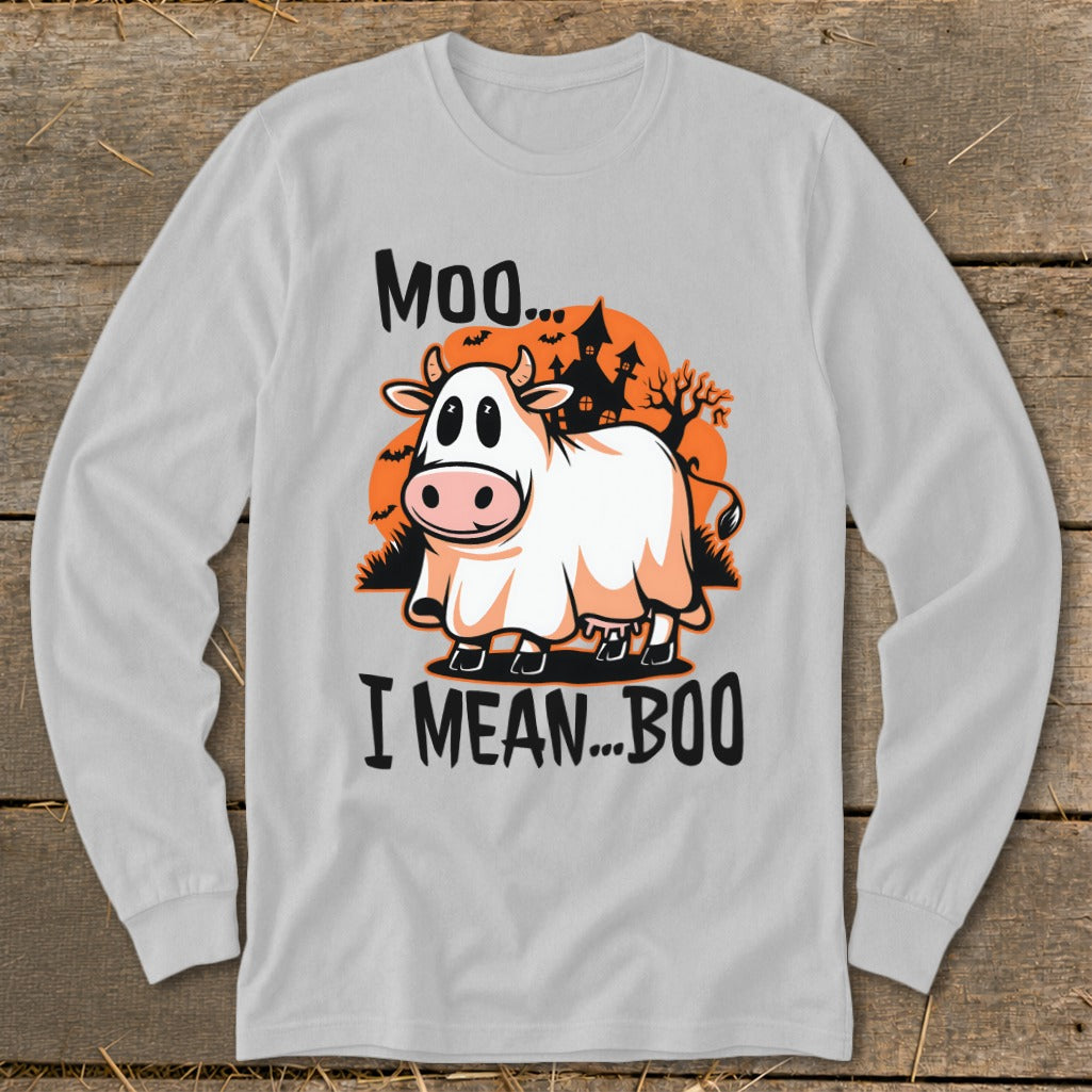 Cow wearing a ghost costume, "Moo... I MEAN...BOO" text, Halloween scene.