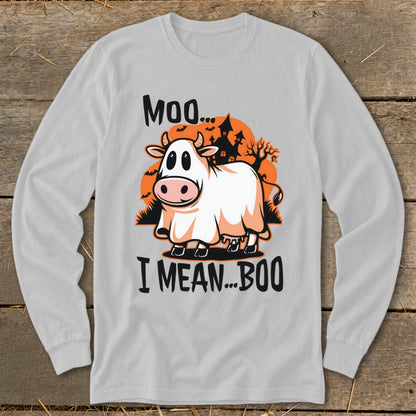 Cow wearing a ghost costume, "Moo... I MEAN...BOO" text, Halloween scene.