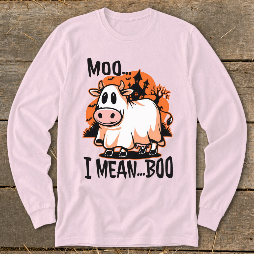 Cow in a ghost costume with text "Moo... I Mean... Boo"