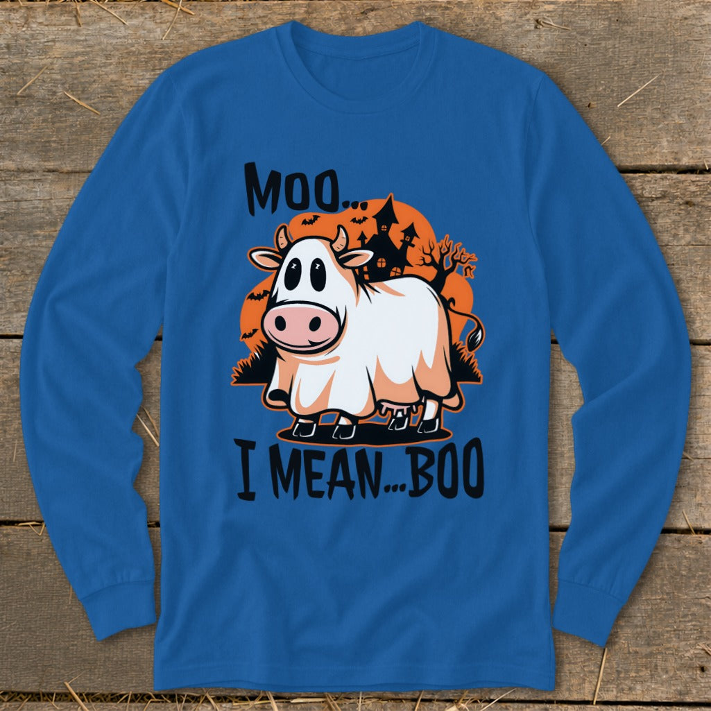 Cow dressed as a ghost with text "Moo... I MEAN...BOO"