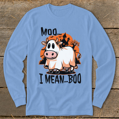 Cow dressed as ghost with text "Moo... I mean... Boo" and spooky background.