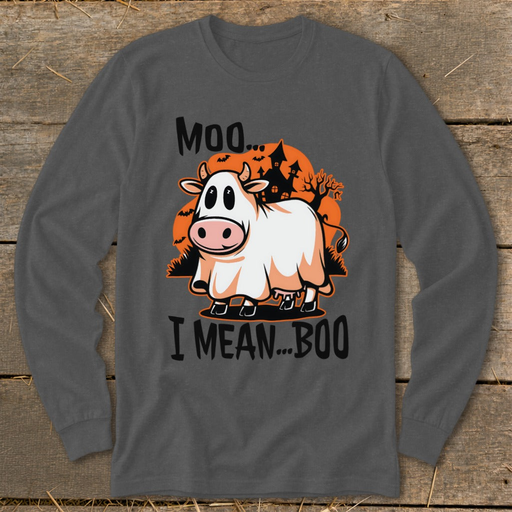 Charcoal gray long-sleeve t-shirt with a Halloween graphic of a cow in a ghost costume and text reading Moo I mean Boo.