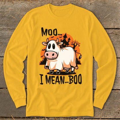 Cow dressed as ghost with "Moo... I Mean... Boo" text on yellow shirt.