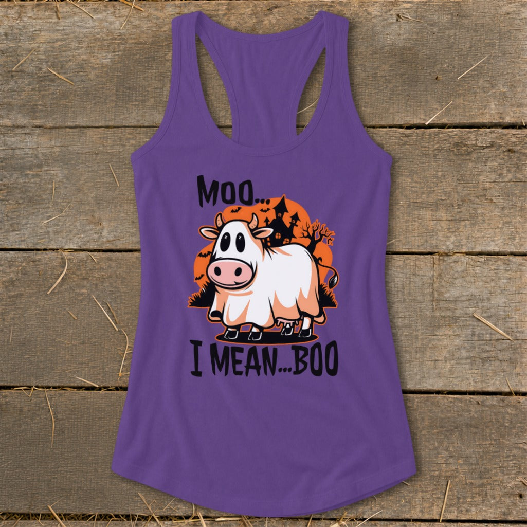 Purple tank top with a cow wearing a ghost costume and the text "Moo... I mean... BOO".