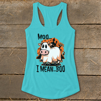 Turquoise tank top with a cartoon cow in a ghost costume and text "Moo... I Mean... Boo".