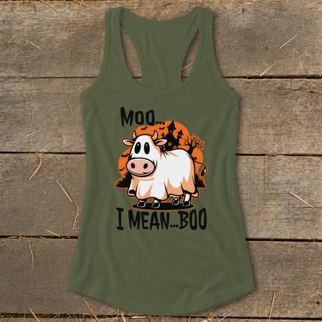 Green tank top with Halloween cow graphic that reads "Moo... I Mean... Boo".