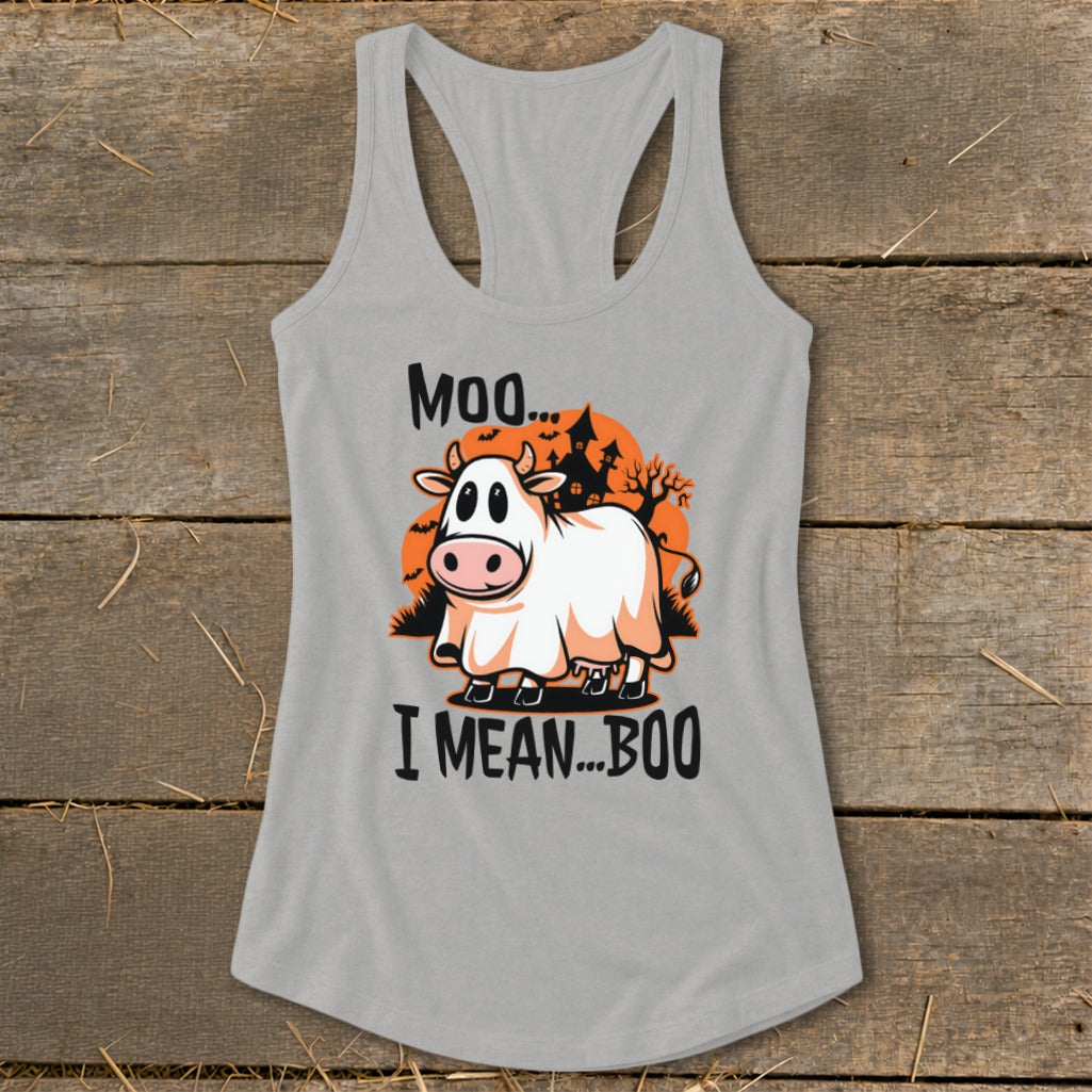 Cow dressed as a ghost with text "Moo... I MEAN...BOO".