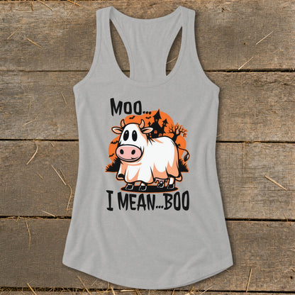 Cow dressed as a ghost with text "Moo... I MEAN...BOO".