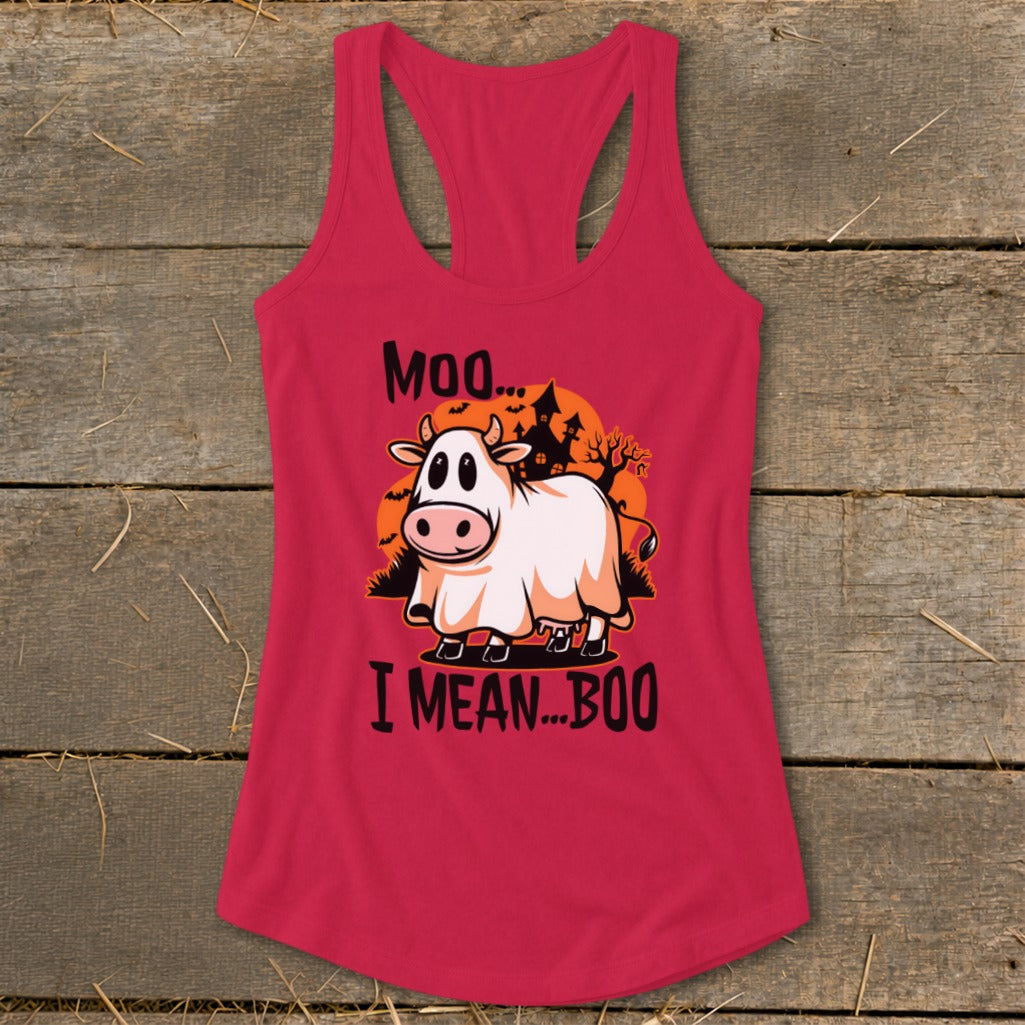 Pink tank top with a cow in a ghost costume and text "Moo... I MEAN...BOO".