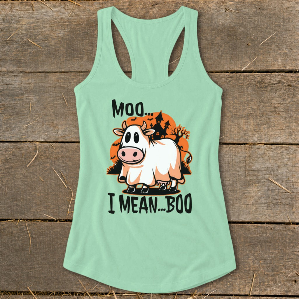 Cow dressed as ghost with text "Moo... I MEAN...BOO".