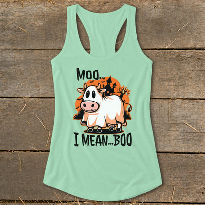 Cow dressed as ghost with text "Moo... I MEAN...BOO".