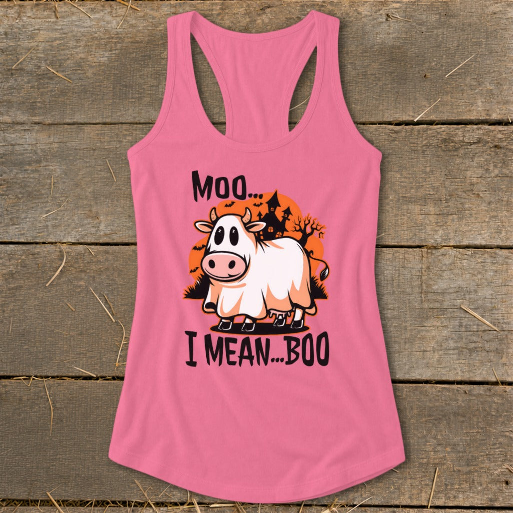 Pink tank top with a cow dressed as a ghost and text that says "Moo... I mean... Boo".