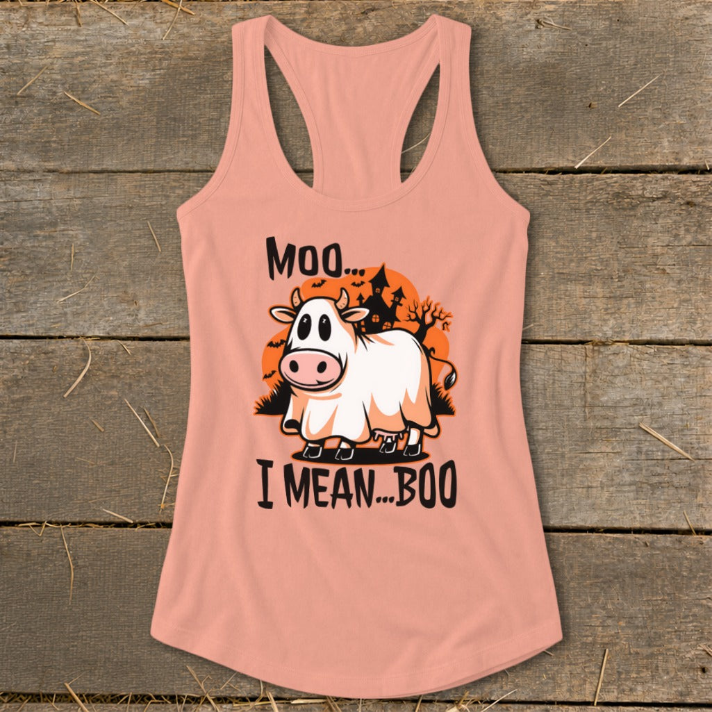 Tank top with ghost cow graphic and text "Moo... I Mean... Boo".