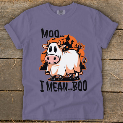 Cow dressed as a ghost with text "Moo... I Mean... Boo" on a purple shirt.