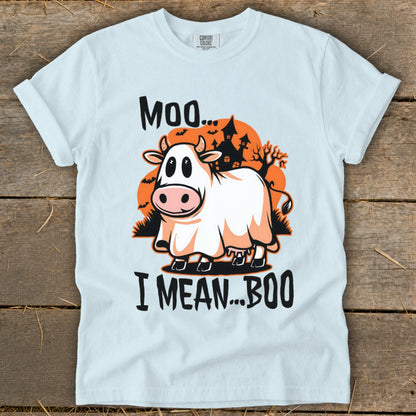 White t-shirt with a cow dressed as a ghost saying "Moo... I Mean... Boo."