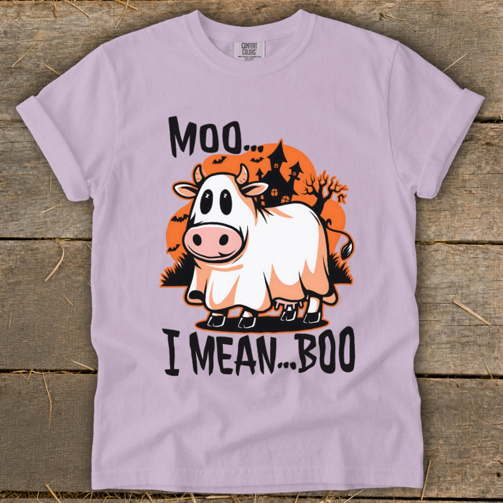 Ghost cow graphic with text "Moo... I Mean... Boo" on a light purple t-shirt.