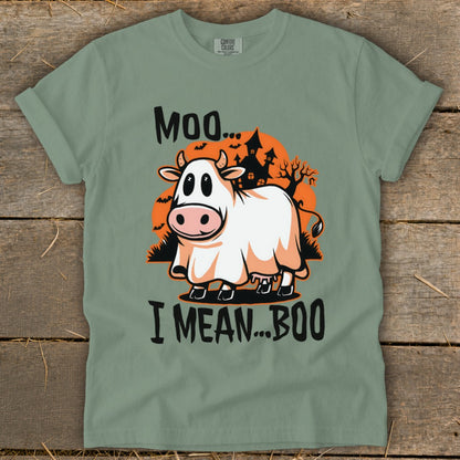Ghost cow Halloween graphic with text "Moo... I Mean... Boo".