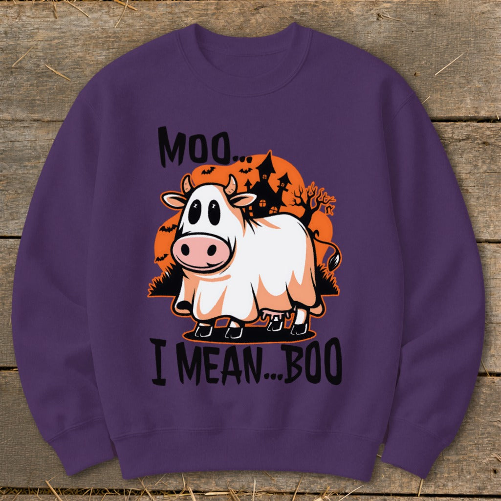 Ghost cow with "Moo... I MEAN...BOO" text and Halloween scene.