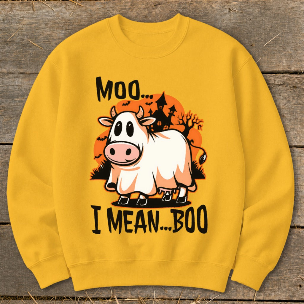 Yellow sweatshirt with cow wearing ghost costume and text "Moo... I Mean... Boo".