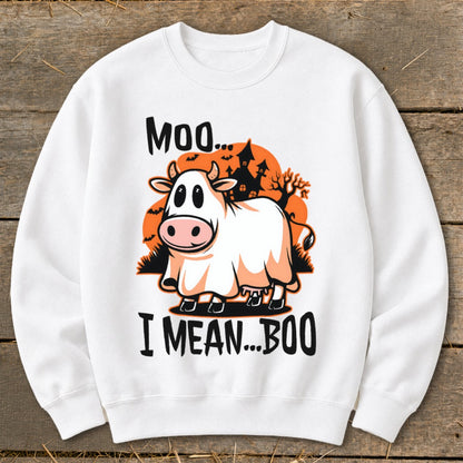 Cow dressed as a ghost saying "Moo... I mean... Boo"