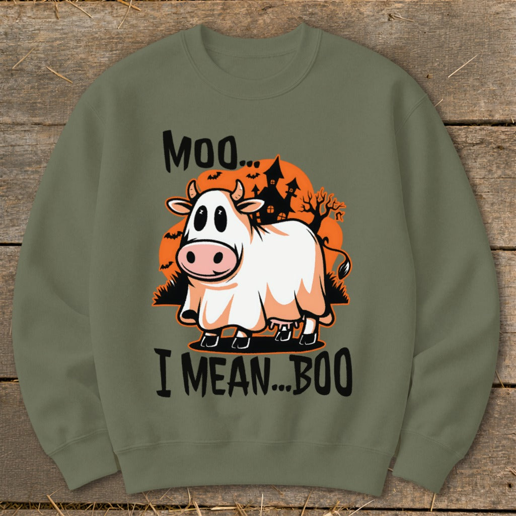 Cow dressed as a ghost with text "Moo... I mean... Boo"