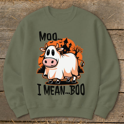Cow dressed as a ghost with text "Moo... I mean... Boo"