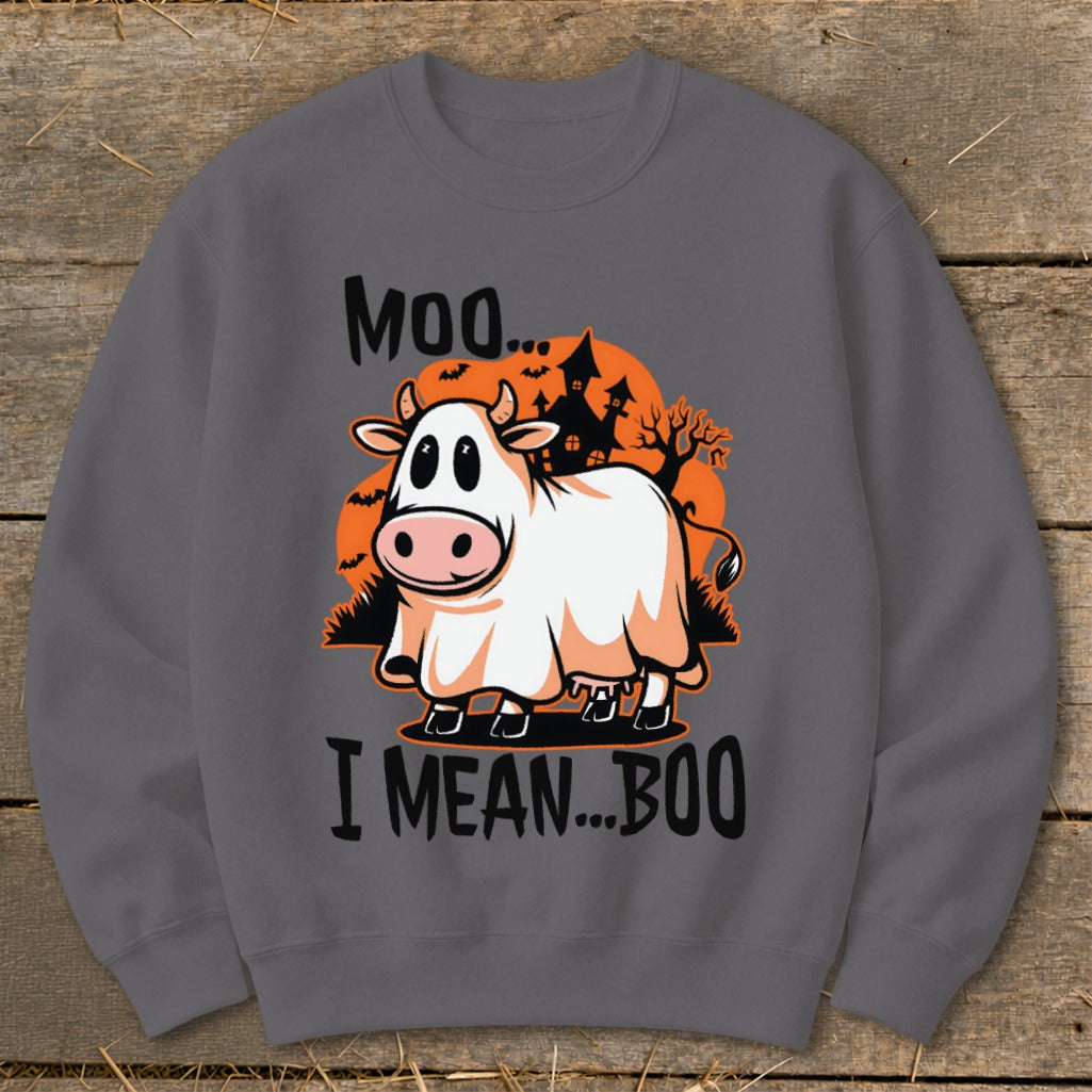 Cow dressed as a ghost with text "Moo... I Mean... Boo"