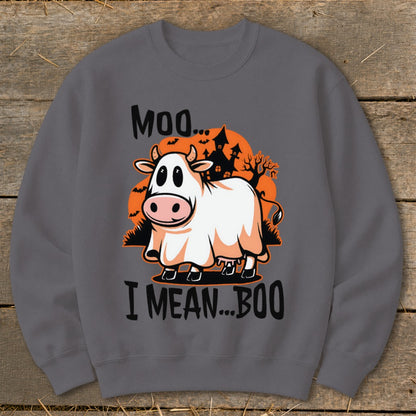 Cow dressed as a ghost with text "Moo... I Mean... Boo"