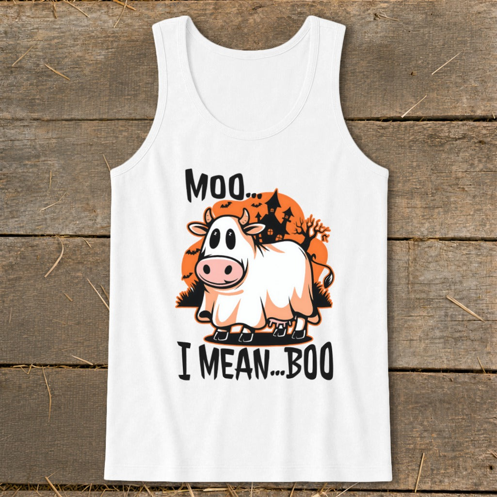 White tank top with cartoon cow in a ghost costume, text says "Moo... I Mean... Boo"