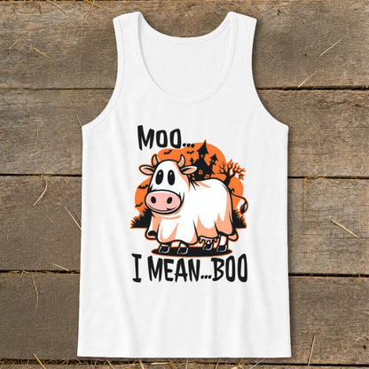 White tank top with cartoon cow in a ghost costume, text says "Moo... I Mean... Boo"