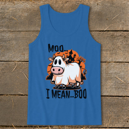 Cow dressed as a ghost saying "Moo... I mean... Boo"