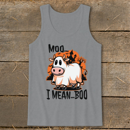 Cow in ghost costume with "Moo... I Mean... Boo" text on grey tank top.