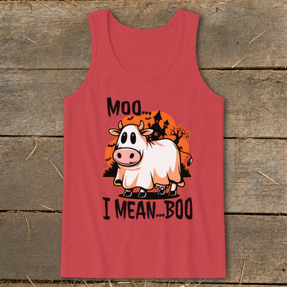 Cow in a ghost costume with text "Moo... I mean... Boo".