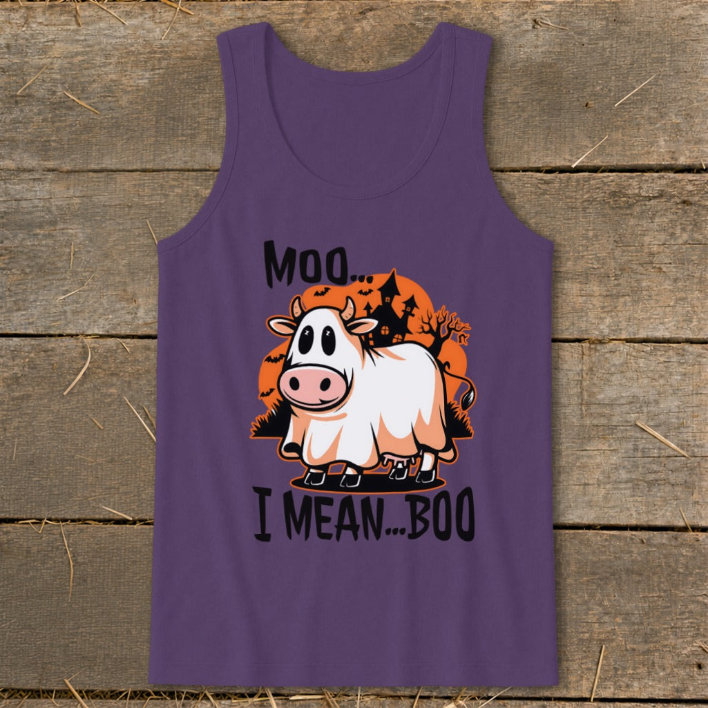 Purple tank top with ghost cow graphic and text "Moo... I mean... Boo".