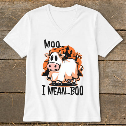 Cow dressed as a ghost with text "Moo... I mean... Boo".