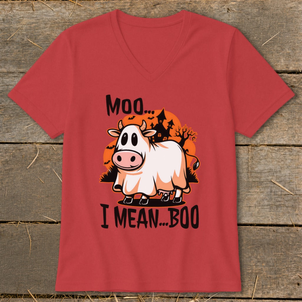 Cow wearing a ghost costume with text "Moo... I Mean... Boo"