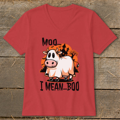 Cow wearing a ghost costume with text "Moo... I Mean... Boo"