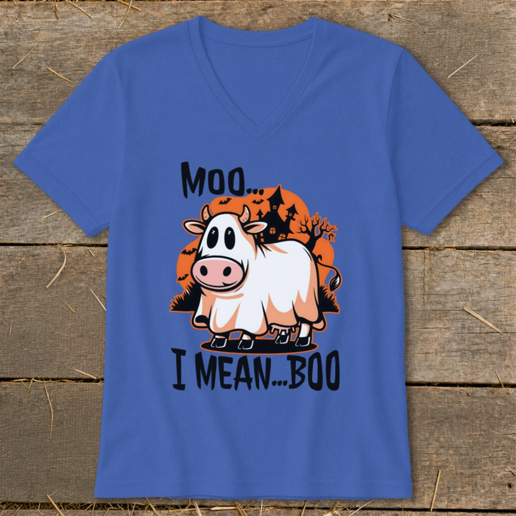 Cow dressed as a ghost with text "Moo... I MEAN... BOO" on a blue t-shirt.