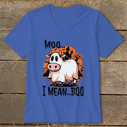 Cow dressed as a ghost with text "Moo... I MEAN... BOO" on a blue t-shirt.