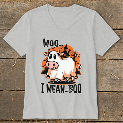 Cow in a ghost costume with text "Moo... I mean... Boo" and Halloween scene.