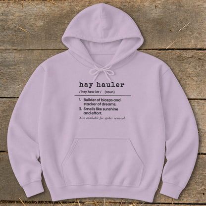 Purple hoodie with "hay hauler" definition: builder, dreams, sunshine, effort, spider removal.