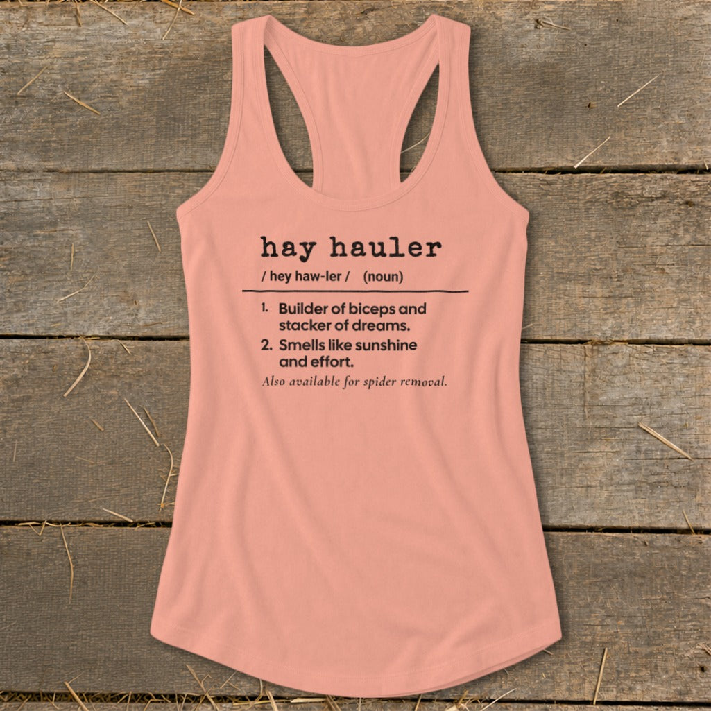 Peach tank top with "Hay Hauler" definition and humorous descriptions.